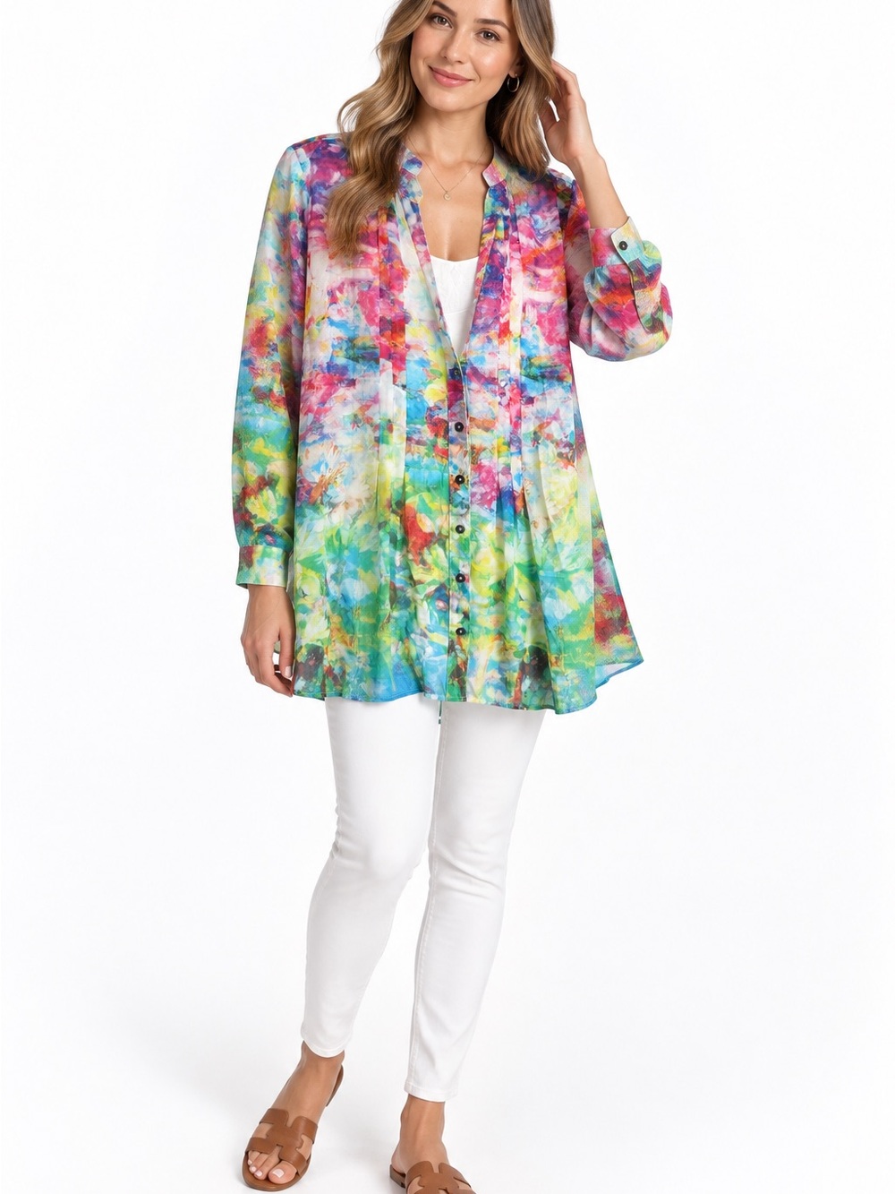 Soft Surroundings Watercolor Button-Front Tunic Top Rainbow Multicolor Sz 1x